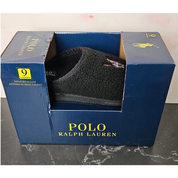 Polo Ralph Lauren Women's kayleigh Ski Bear Black Sherpa Fleece Scuff Slippers 9 - Picture 6 of 7